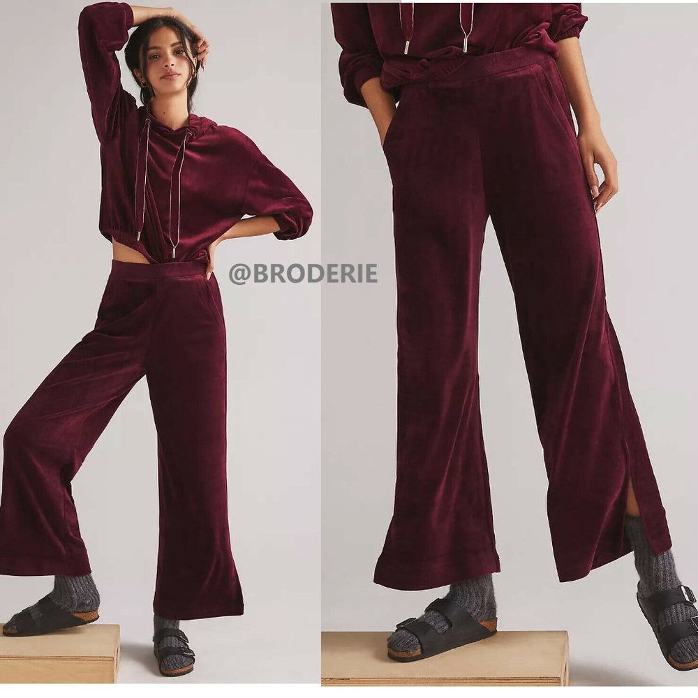 Anthropologie Velvet Straight-Leg Pants with Slits in Wine